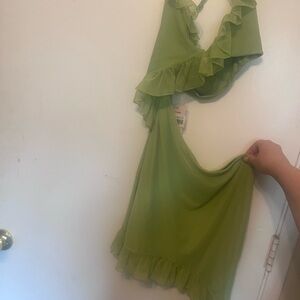 Oh Polly Lime Green Halter Dress with Ruffle Detail